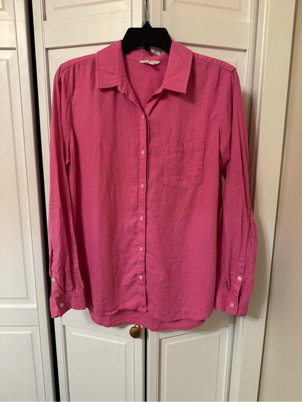 Bright Pink Caslon Linen/Rayon Button-Up Shirt - Casual Long Sleeve Top